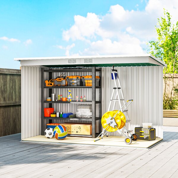 Outsunny 9ft x 4.25ft Corrugated Garden Metal Storage Shed Outdoor Equipment Tool Box with Foundation Ventilation & Doors Deep Green Aosom UK