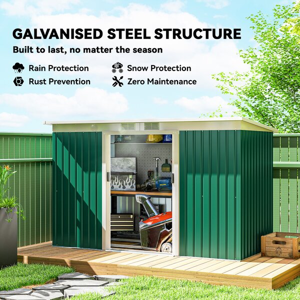 Outsunny 9ft x 4.25ft Corrugated Garden Metal Storage Shed Outdoor Equipment Tool Box with Foundation Ventilation & Doors Deep Green Aosom UK
