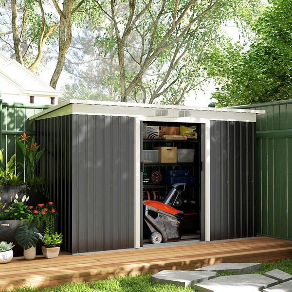 Outsunny 9 x 4 ft Metal Garden Storage Shed Patio Corrugated Steel Roofed Tool Box with Base, Kit Ventilation and Doors, Dark Grey