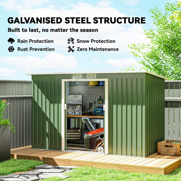 Outsunny 9 x 4.5 ft Pent Roof Metal Garden Storage Shed Corrugated Steel Tool Box with Foundation Ventilation & Doors, Light Green Aosom UK
