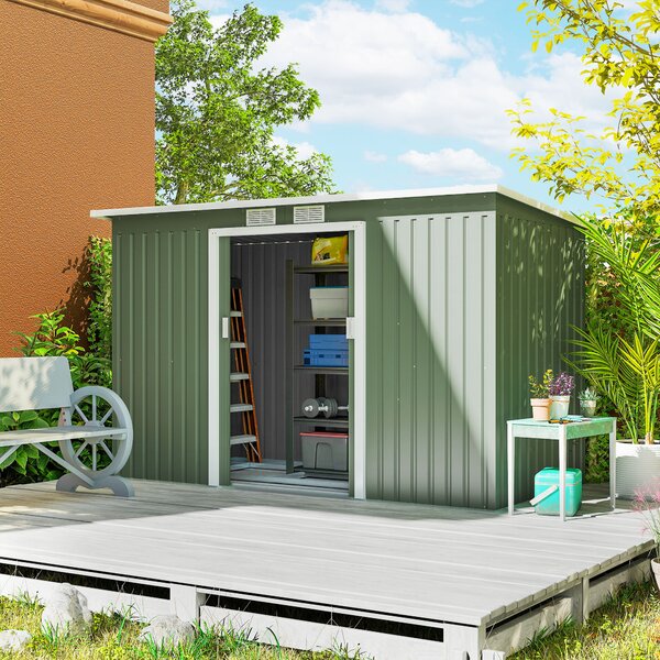 Outsunny 9 x 4.5 ft Pent Roof Metal Garden Storage Shed Corrugated Steel Tool Box with Foundation Ventilation & Doors, Light Green Aosom UK
