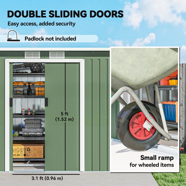 Outsunny 9 x 4.5 ft Pent Roof Metal Garden Storage Shed Corrugated Steel Tool Box with Foundation Ventilation & Doors, Light Green Aosom UK