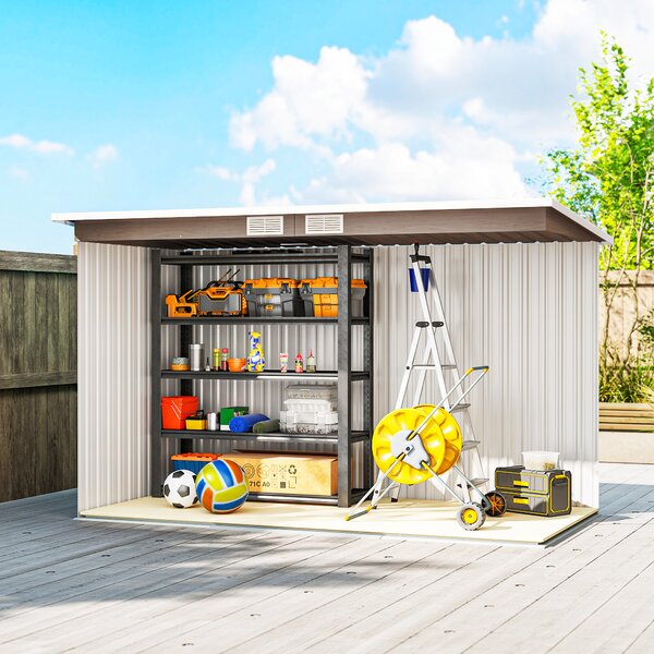 Outsunny 9x4 Metal Garden Shed with Foundation Kit and Sliding Doors, Garden Storage with Ventilations, Light Grey Aosom UK