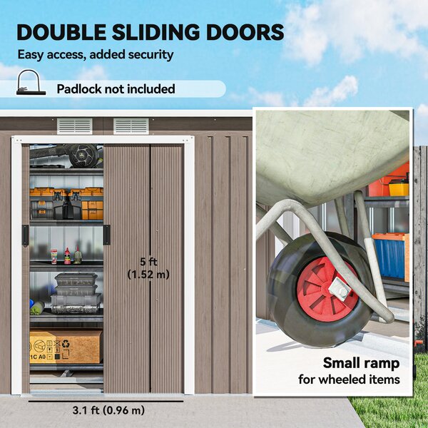 Outsunny 9x4 Metal Garden Shed with Foundation Kit and Sliding Doors, Garden Storage with Ventilations, Light Grey Aosom UK