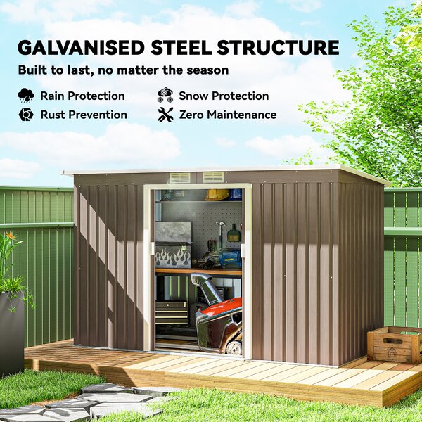 Outsunny 9x4 Metal Garden Shed with Foundation Kit and Sliding Doors, Garden Storage with Ventilations, Light Grey Aosom UK