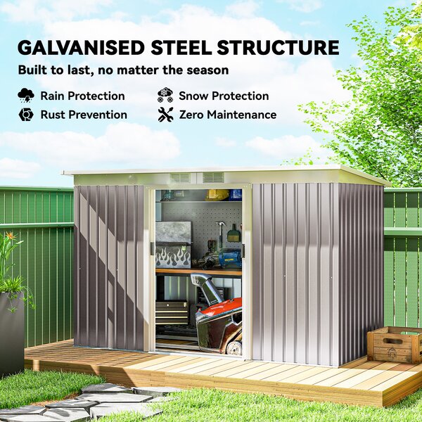 Outsunny Corrugated Garden Metal Storage Shed Outdoor Equipment Tool Box with Kit Ventilation Doors 9x 4FT Light Grey