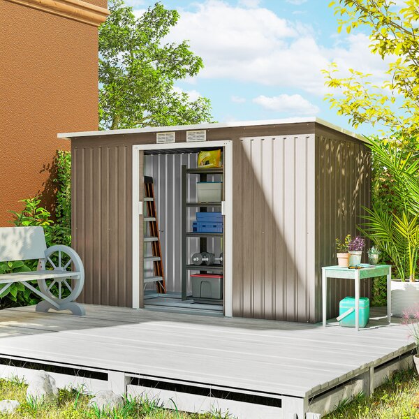 Outsunny 9x4 Metal Garden Shed with Foundation Kit and Sliding Doors, Garden Storage with Ventilations, Light Grey Aosom UK