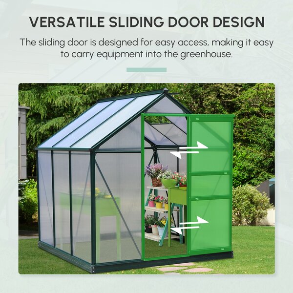 Outsunny Large Walk-In Greenhouse Polycarbonate Garden Greenhouse Plants Grow Galvanized Base Aluminium Frame w/ Slide Door, 6 x 6 ft