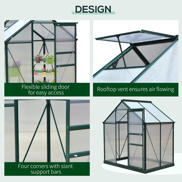 Outsunny Greenhouse Materials Polycarbonate, Large Walk-In Greenhouse Galvanised Base Aluminium w/ Slide Door, 1.9L x 1.3W x 2 m Aosom UK