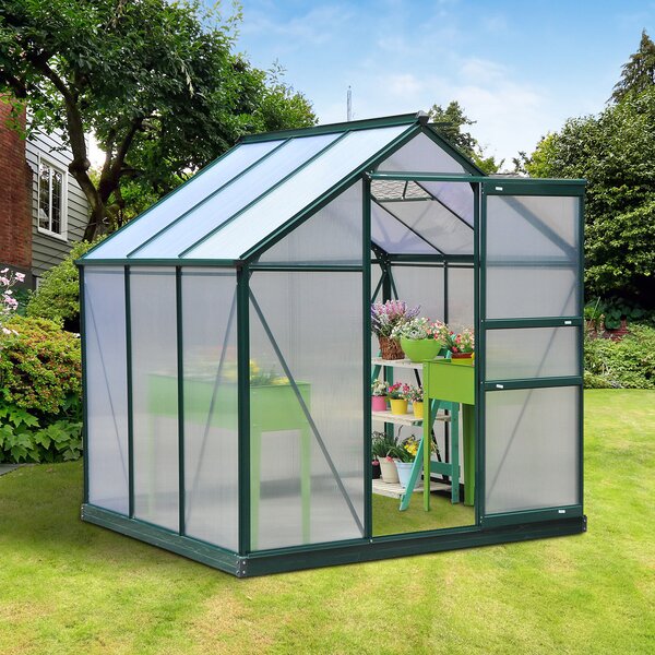 Outsunny Large Walk-In Greenhouse Polycarbonate Garden Greenhouse Plants Grow Galvanized Base Aluminium Frame w/ Slide Door, 6 x 6 ft