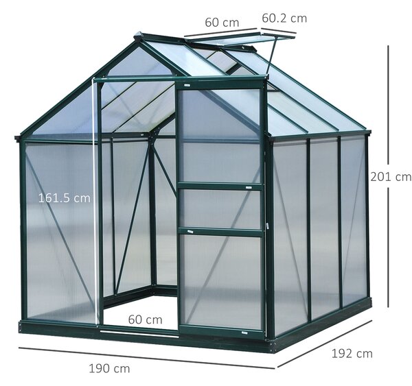 Outsunny Large Walk-In Greenhouse Polycarbonate Garden Greenhouse Plants Grow Galvanized Base Aluminium Frame w/ Slide Door, 6 x 6 ft