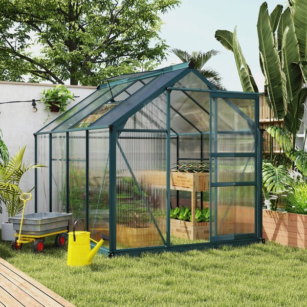 Outsunny Large Walk-In Greenhouse Aluminium Frame Greenhouse Garden Plants Grow Galvanized Base w/ Slide Door, 6 x 8 ft