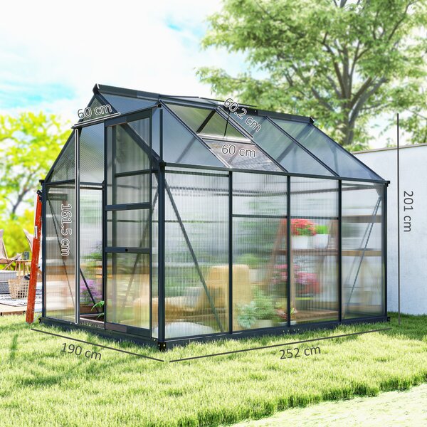 Outsunny Clear Polycarbonate Greenhouse Large Walk-In Green House Garden Plants Grow Galvanized Base Aluminium Frame with Slide Door, 6 x 8ft