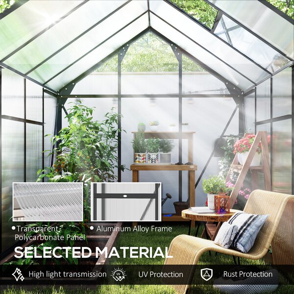 Outsunny Clear Polycarbonate Greenhouse Large Walk-In Green House Garden Plants Grow Galvanized Base Aluminium Frame with Slide Door, 6 x 8ft