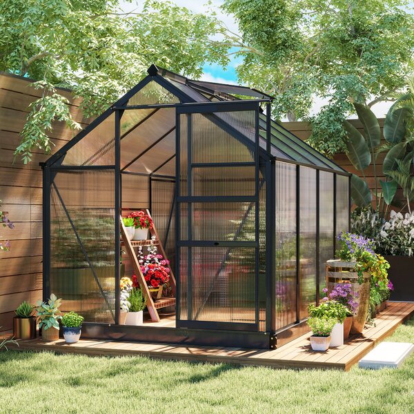 Outsunny Clear Polycarbonate Greenhouse Large Walk-In Green House Garden Plants Grow Galvanized Base Aluminium Frame with Slide Door, 6 x 8ft
