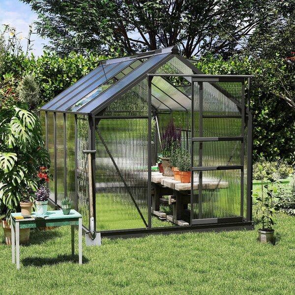 Outsunny Large Walk-In Greenhouse, Polycarbonate with Galvanised Base, 6 x 10ft, Aluminium Frame