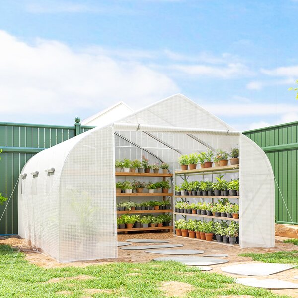 Outsunny 3.5 x 3 x 2m Walk-In Greenhouse Polytunnel Greenhouse Garden Hot House with Steel Frame, Roll Up Door and Windows, White Aosom UK