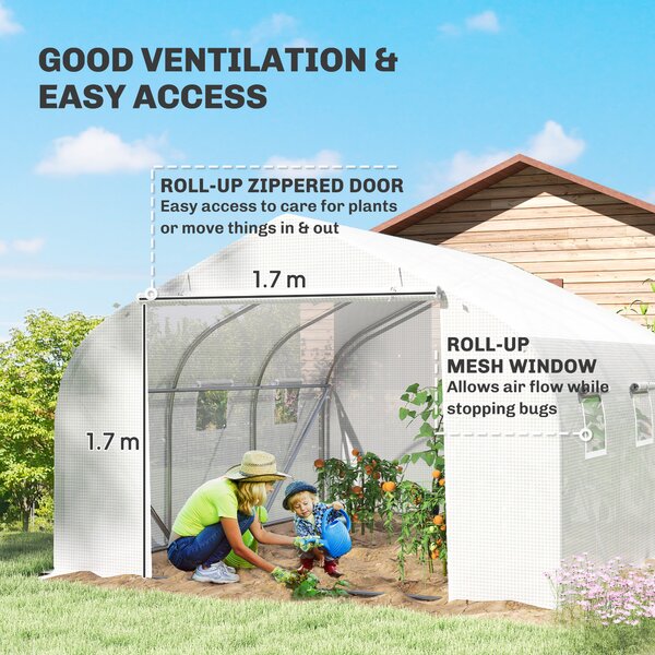 Outsunny 4.5 x 3 x 2m Walk-In Greenhouse Polytunnel Greenhouse Garden Hot House with Steel Frame, Roll Up Door and Windows, White Aosom UK
