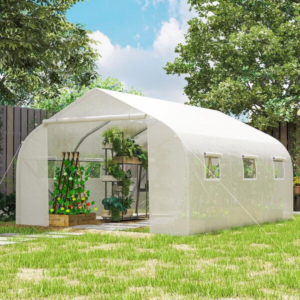 Outsunny 3.5 x 3 x 2m Walk-In Greenhouse Polytunnel Greenhouse Garden Hot House with Steel Frame, Roll Up Door and Windows, White Aosom UK