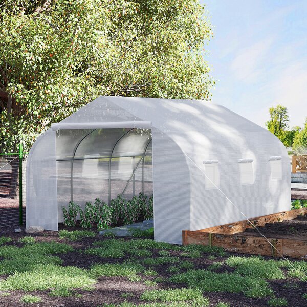 Outsunny 4.5 x 3 x 2m Walk-In Greenhouse Polytunnel Greenhouse Garden Hot House with Steel Frame, Roll Up Door and Windows, White Aosom UK