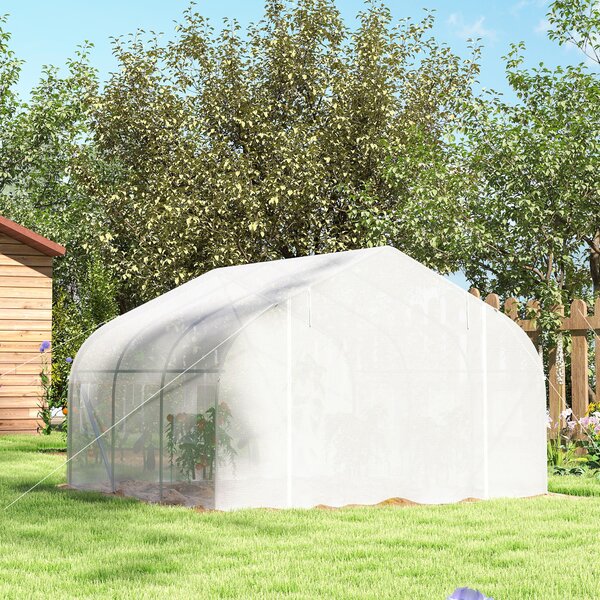 Outsunny 4.5 x 3 x 2m Walk-In Greenhouse Polytunnel Greenhouse Garden Hot House with Steel Frame, Roll Up Door and Windows, White Aosom UK