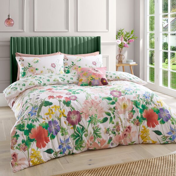 RHS Cottage Meadow 200 Thread Count Pink Cotton Reversible Duvet Cover and Pillowcase Set Pink/White/Green