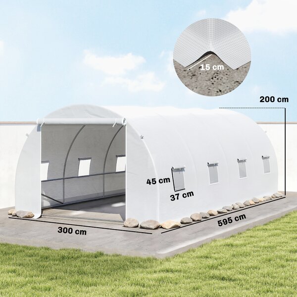 Outsunny 6 x 3 x 2 m Polytunnel Greenhouse, Walk in Polytunnel Tent with Zippered Door and 8 Windows for Garden and Backyard, White Aosom UK