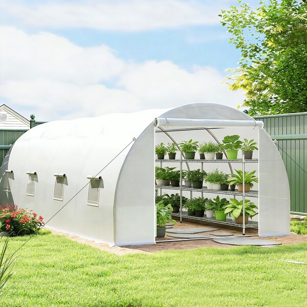 Outsunny 6 x 3 x 2 m Polytunnel Greenhouse, Walk in Polytunnel Tent with Zippered Door and 8 Windows for Garden and Backyard, White Aosom UK