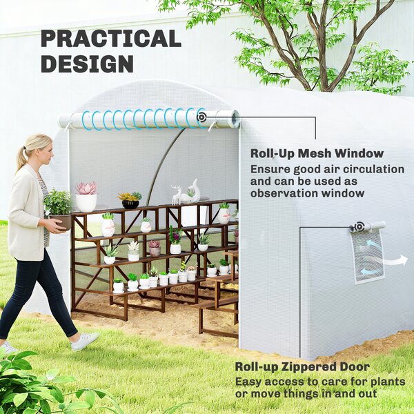 Outsunny 6 x 3 x 2 m Polytunnel Greenhouse, Walk in Polytunnel Tent with Zippered Door and 8 Windows for Garden and Backyard, White Aosom UK