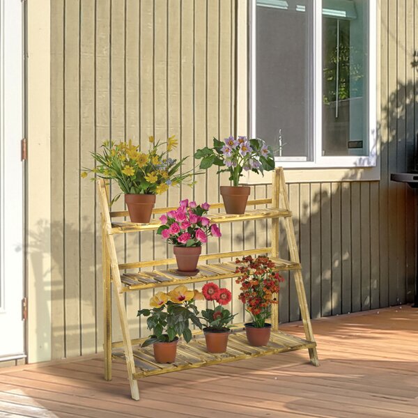 Outsunny Wooden Plant Stand, 3 Tier Folding Flower Display Shelf, Garden Planter Ladder Rack, Outdoor Backyard, 100L x 37W x 93H cm Aosom UK