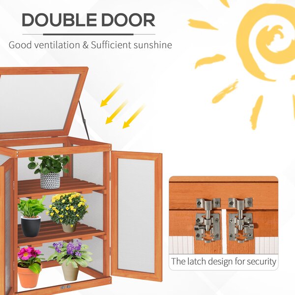 Outsunny 3-tier Wood Greenhouse Garden Polycarbonate Cold Frame Grow House w/ Storage Shelf for Plants, Flowers, Orange Aosom UK