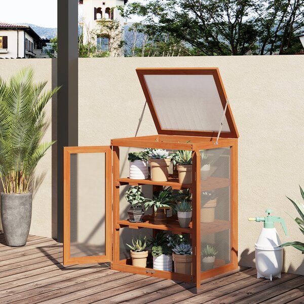 Outsunny 3-tier Wood Greenhouse Garden Polycarbonate Cold Frame Grow House w/ Storage Shelf for Plants, Flowers, Orange Aosom UK