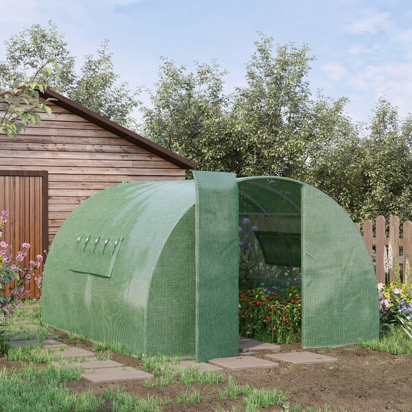 Outsunny 4 x 3 x 2 m Polytunnel Greenhouse Reinforced Green Outdoor Greenhouse, Steel Frame, Metal Hinged Door, Mesh Windows Aosom UK