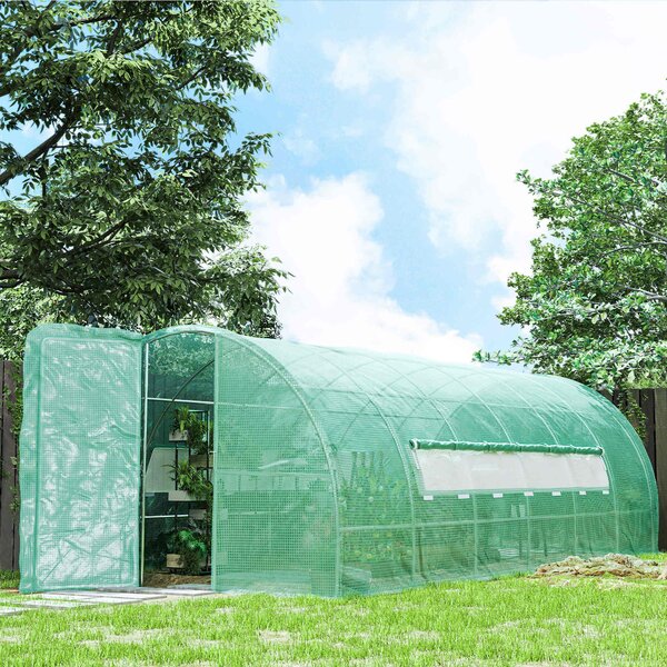 Outsunny Polytunnel Greenhouse with Metal Hinged Door, 25mm Diameter Galvanised Steel Frame & Mesh Windows (3 x 6M) Aosom UK