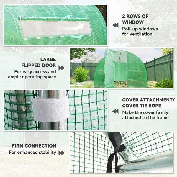 Outsunny Polytunnel Greenhouse with Metal Hinged Door, 25mm Diameter Galvanised Steel Frame & Mesh Windows (3 x 6M) Aosom UK
