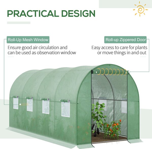 Outsunny 4x2 m Polytunnel Walk-in Greenhouse with Zip Door and Windows-Green