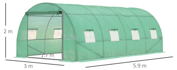 Outsunny 6 x 3 m Large Walk-In Greenhouse Garden Polytunnel Greenhouse with Steel Frame, Zippered Door and Roll Up Windows, Green Aosom UK