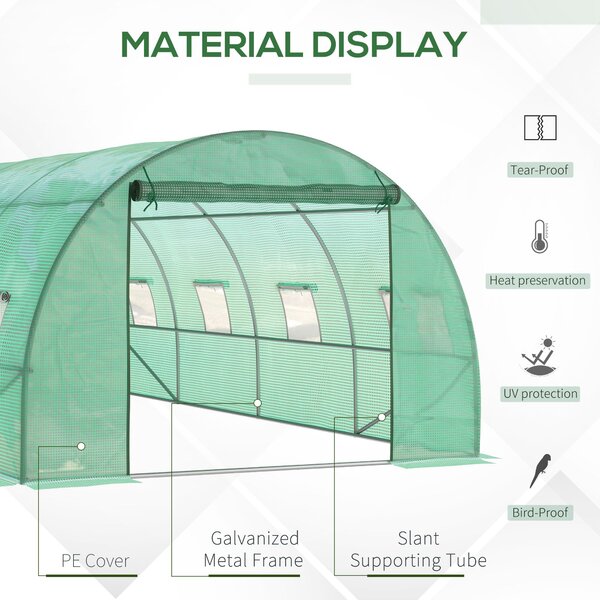 Outsunny 6 x 3 m Large Walk-In Greenhouse Garden Polytunnel Greenhouse with Steel Frame, Zippered Door and Roll Up Windows, Green Aosom UK