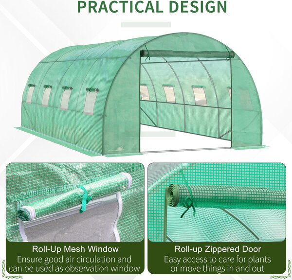 Outsunny 6 x 3 m Large Walk-In Greenhouse Garden Polytunnel Greenhouse with Steel Frame, Zippered Door and Roll Up Windows, Green Aosom UK