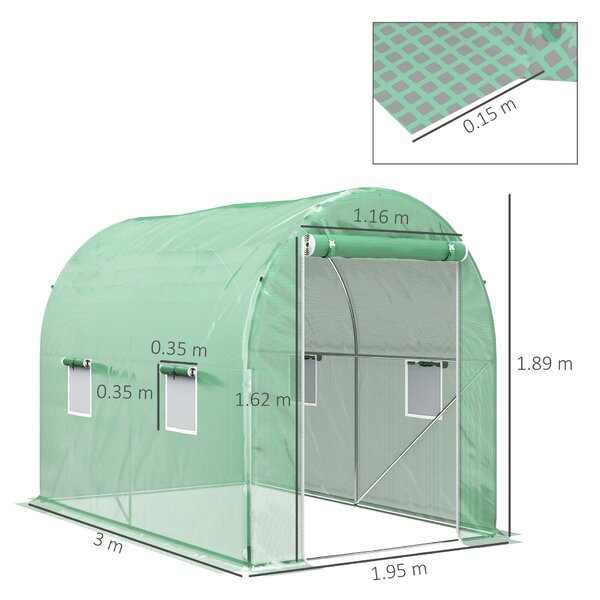 Outsunny Heavy Duty Polytunnel, Galvanised Steel Frame Walk-In Tunnel Greenhouse with Plastic Cover, 190 x 300 x 195cm, Green Aosom UK