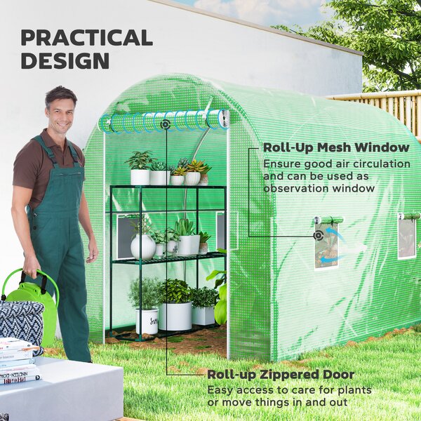 Outsunny Heavy Duty Polytunnel, Galvanised Steel Frame Walk-In Tunnel Greenhouse with Plastic Cover, 190 x 300 x 195cm, Green Aosom UK
