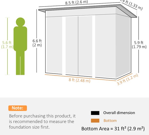 Outsunny Pent Roofed Metal Garden Shed House Hut Gardening Tool Storage w/ Ventilation 260L x 133W x 200Hcm