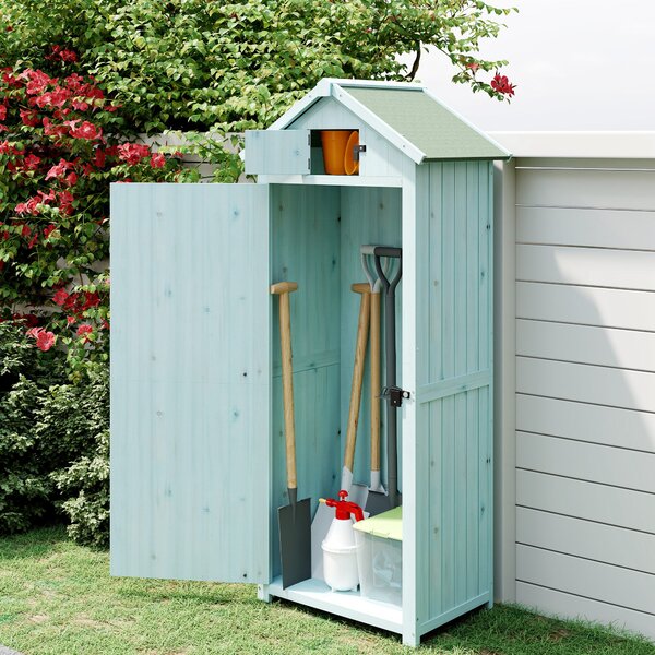Outsunny Garden Shed Vertical Utility 3 Shelves Shed Wood Outdoor Garden Tool Storage Unit Storage Cabinet, 77 x 54.2 x 179cm - Blue Aosom UK