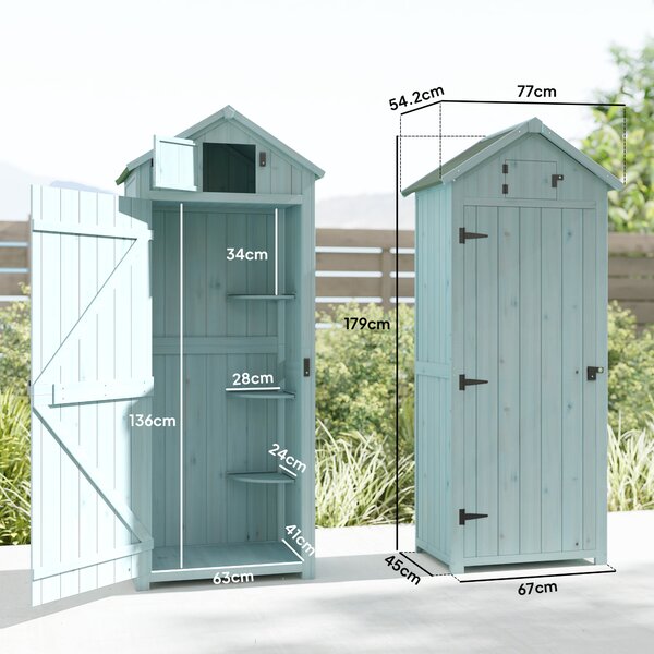 Outsunny Garden Shed Vertical Utility 3 Shelves Shed Wood Outdoor Garden Tool Storage Unit Storage Cabinet, 77 x 54.2 x 179cm - Blue Aosom UK