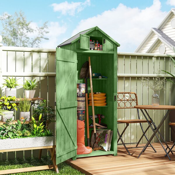 Outsunny Garden Shed Vertical Utility 3 Shelves Shed Wood Outdoor Garden Tool Storage Unit Storage Cabinet, 77 x 54.2 x 179cm - Green