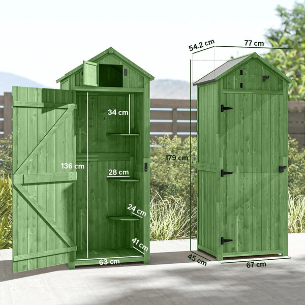 Outsunny Garden Shed Vertical Utility 3 Shelves Shed Wood Outdoor Garden Tool Storage Unit Storage Cabinet, 77 x 54.2 x 179cm - Green