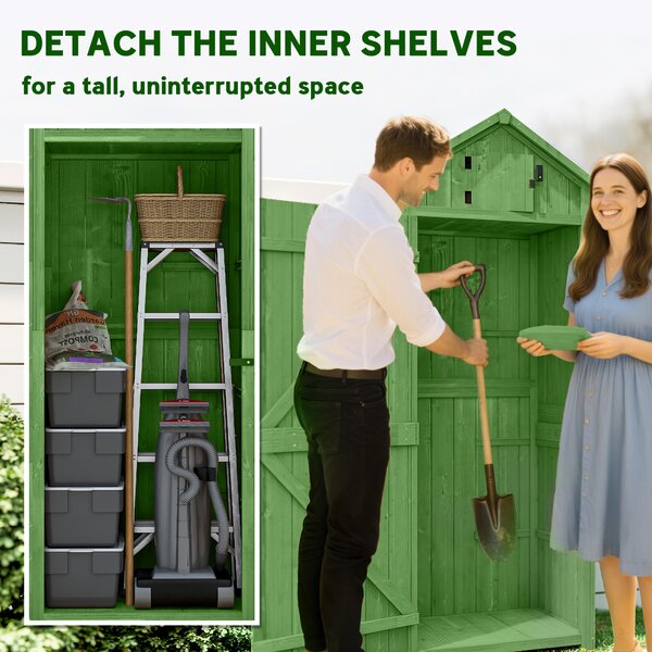 Outsunny Garden Shed Vertical Utility 3 Shelves Shed Wood Outdoor Garden Tool Storage Unit Storage Cabinet, 77 x 54.2 x 179cm - Green