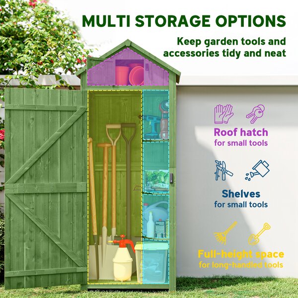 Outsunny Garden Shed Vertical Utility 3 Shelves Shed Wood Outdoor Garden Tool Storage Unit Storage Cabinet, 77 x 54.2 x 179cm - Green