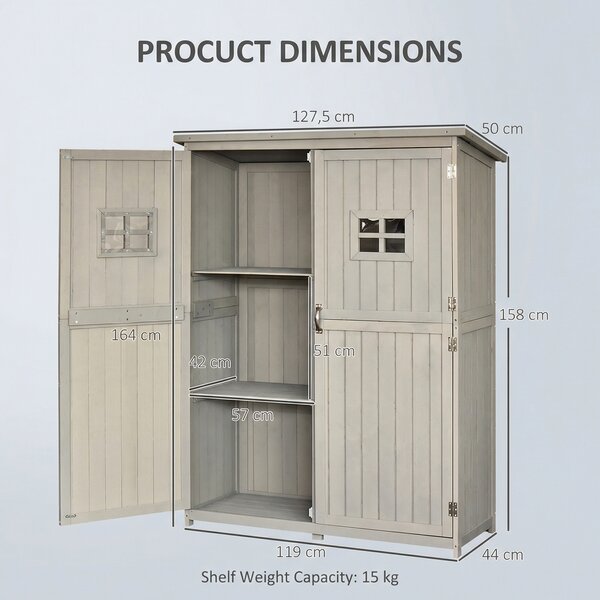 Outsunny Wooden Garden Shed Tool Storage with Two Windows, Outdoor Storage Cabinet for Tools & Equipment, 127.5x50x164cm Aosom UK