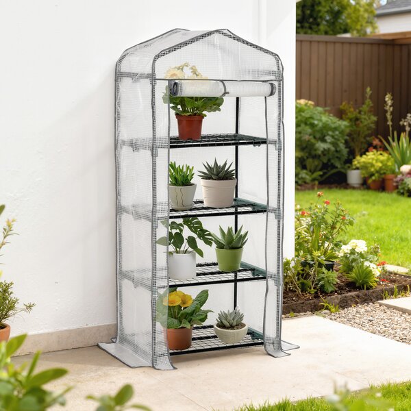 Outsunny Portable Mini Greenhouse, 4 Tier, Metal Frame with PE Cover, Plant Grow Shed, 160H x 70L x 50W cm, White. Aosom UK